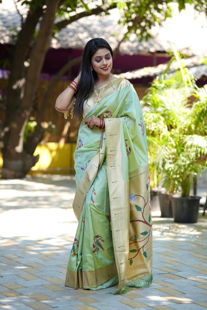 AMIRAT Women's Paithani Soft Silk Saree Pure Banarasi Silk Saree with Unstitched Blouse Piece (pista) - Image 4