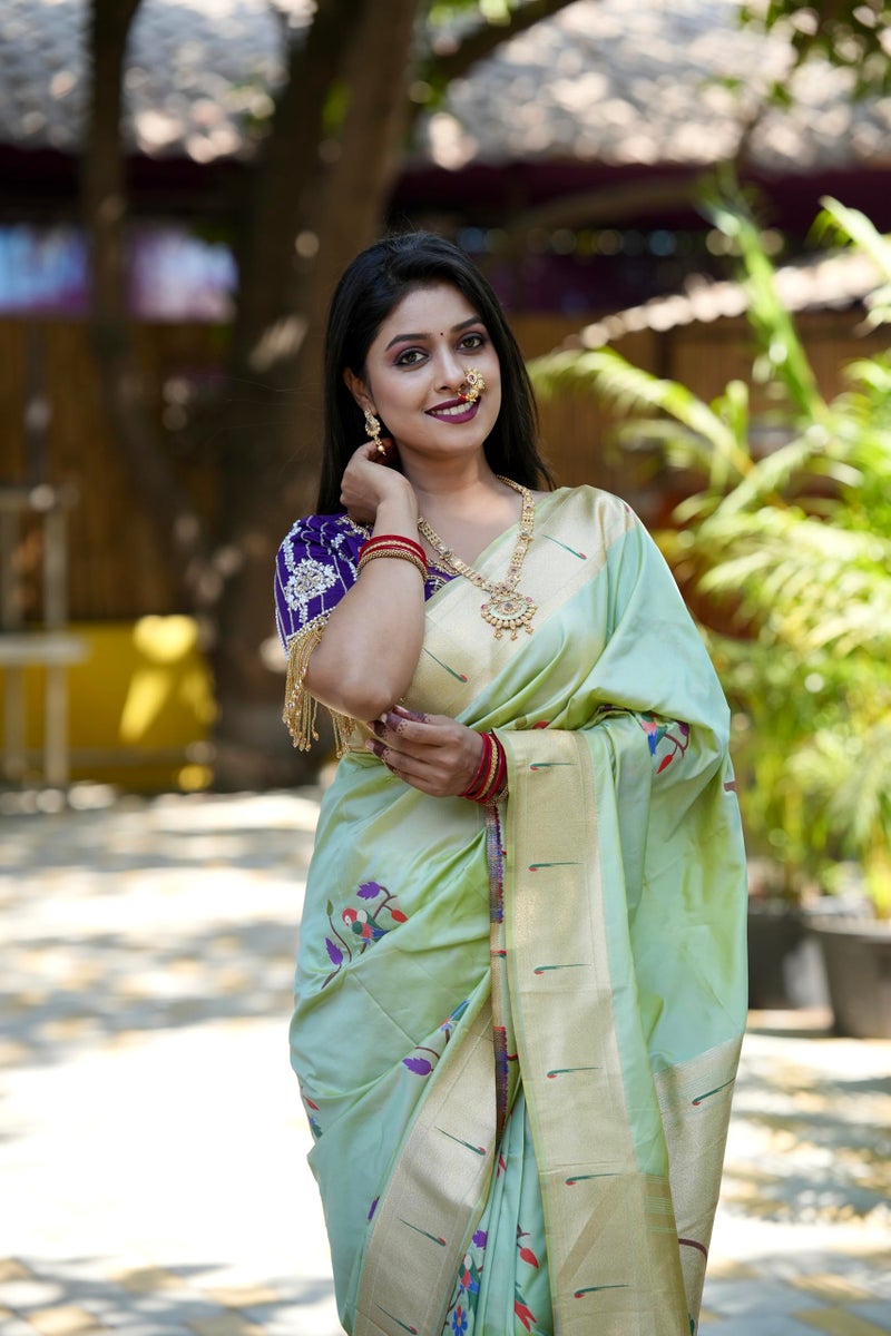 AMIRAT Women's Paithani Soft Silk Saree Pure Banarasi Silk Saree with Unstitched Blouse Piece (pista) - Image 5