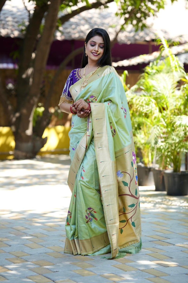 AMIRAT Women's Paithani Soft Silk Saree Pure Banarasi Silk Saree with Unstitched Blouse Piece (pista) - Image 3