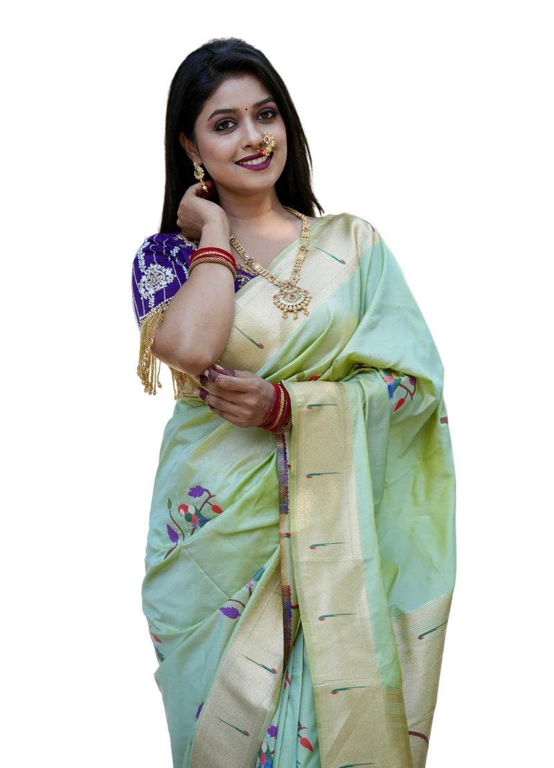 AMIRAT Women's Paithani Soft Silk Saree Pure Banarasi Silk Saree with Unstitched Blouse Piece (pista) - Image 1