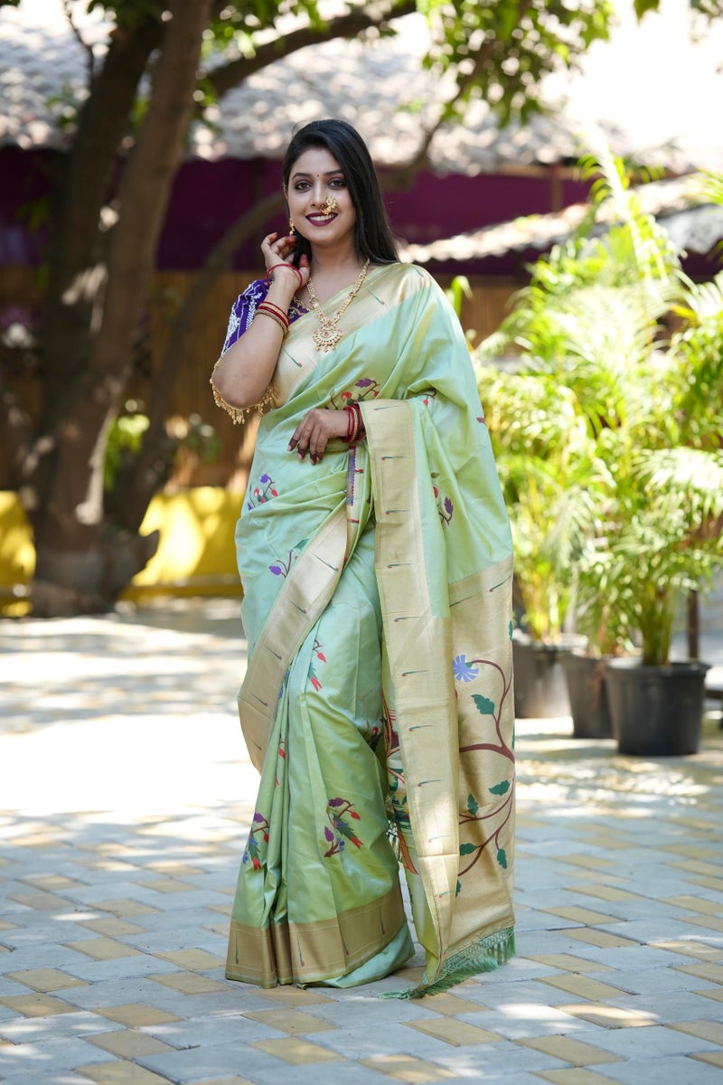 AMIRAT Women's Paithani Soft Silk Saree Pure Banarasi Silk Saree with Unstitched Blouse Piece (pista) - Image 2