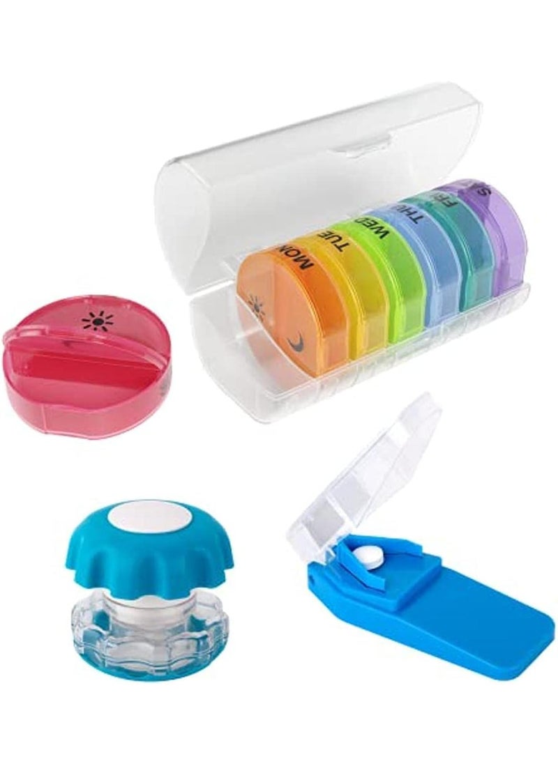 Ezy Dose EZY DOSE Weekly (14-Day) Medication Management Bundle, Pill Case, Medicine Planner, Vitamin Organizer Box with Pill Cutter and Crusher, Convenient and Easy to Use, Colors May Vary, BPA Free 