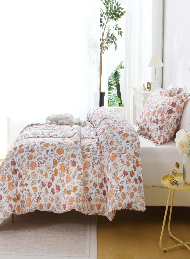 Mooreeke Floral Full Size Comforter Sets, Orange and Red Vintage Floral Patterned Bedding for All Seasons, 3-Piece Vintage Bed in a Bag with Fluffy Quilted Reversible Comforter & 2 Pillow Shams - Image 5