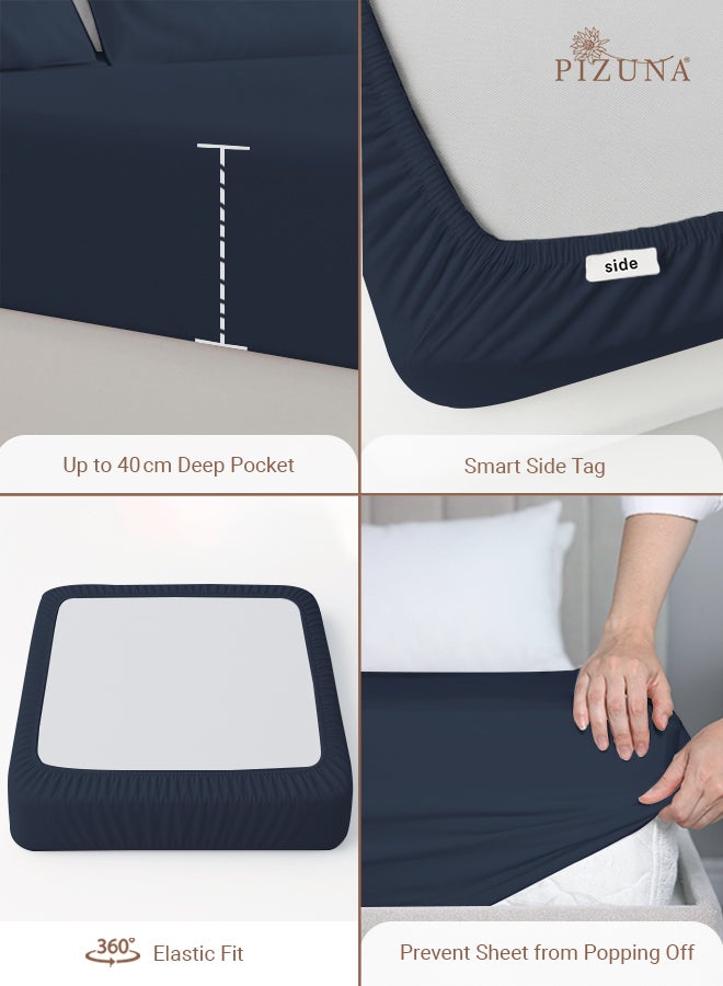 PIZUNA Pure 100% Cotton Twin Fitted Bed Sheet 120x200 cm Dark Blue, 400 Thread Count Cool Luxury Soft Long Staple Cotton Sateen Weave, Deep Pocket Bedsheet Fits 40cm (Fitted Sheet -1PC) - Image 4