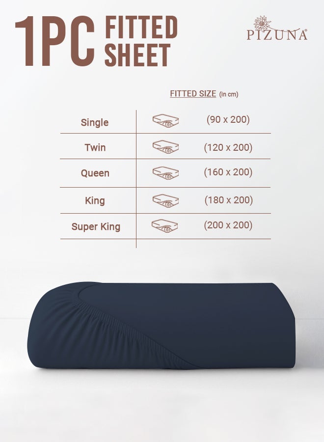 PIZUNA Pure 100% Cotton Twin Fitted Bed Sheet 120x200 cm Dark Blue, 400 Thread Count Cool Luxury Soft Long Staple Cotton Sateen Weave, Deep Pocket Bedsheet Fits 40cm (Fitted Sheet -1PC) - Image 3