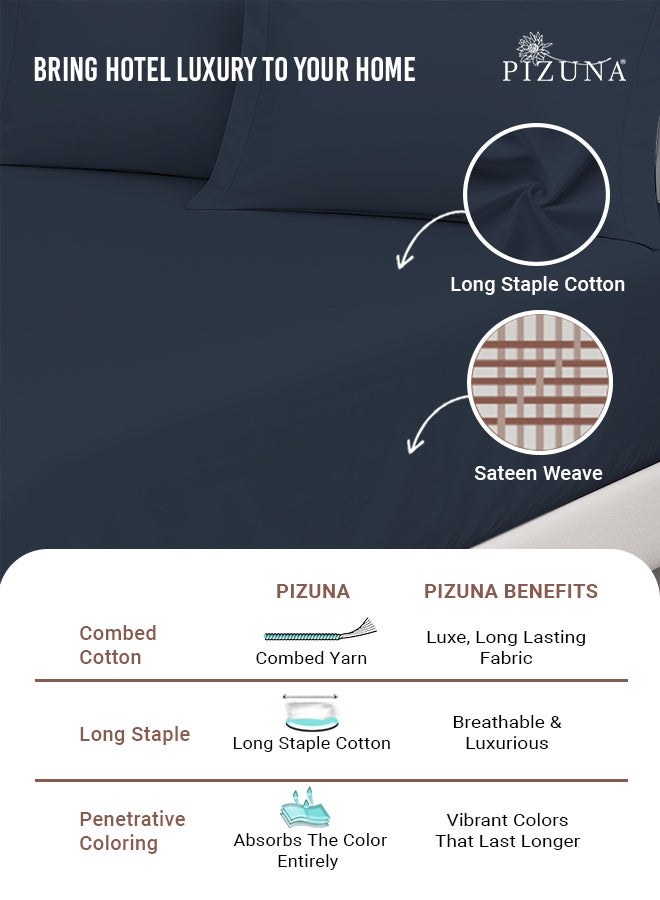 PIZUNA Pure 100% Cotton Twin Fitted Bed Sheet 120x200 cm Dark Blue, 400 Thread Count Cool Luxury Soft Long Staple Cotton Sateen Weave, Deep Pocket Bedsheet Fits 40cm (Fitted Sheet -1PC) - Image 2