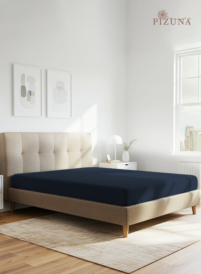 PIZUNA Pure 100% Cotton Twin Fitted Bed Sheet 120x200 cm Dark Blue, 400 Thread Count Cool Luxury Soft Long Staple Cotton Sateen Weave, Deep Pocket Bedsheet Fits 40cm (Fitted Sheet -1PC) - Image 1