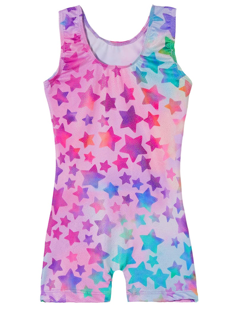 TENVDA Gymnastics Leotards for Girls 6-7 Years Old Sparkly Hot Pink Stars Print Tumbling Biketard with Shorts Unitard - Image 2