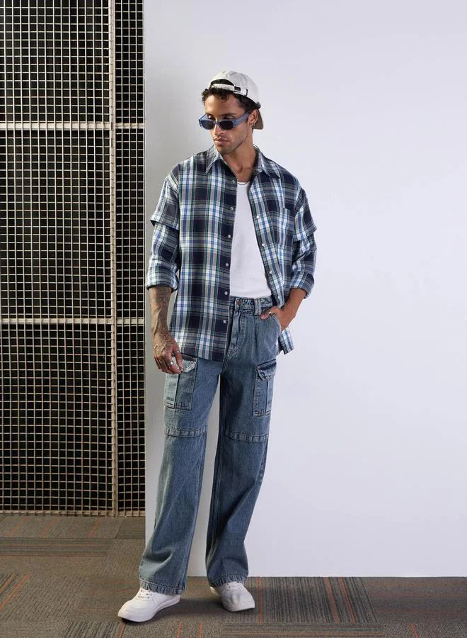ماسكلن ساسافراس Checked Oversized Shirt with Flap Pocket Detail by Styli