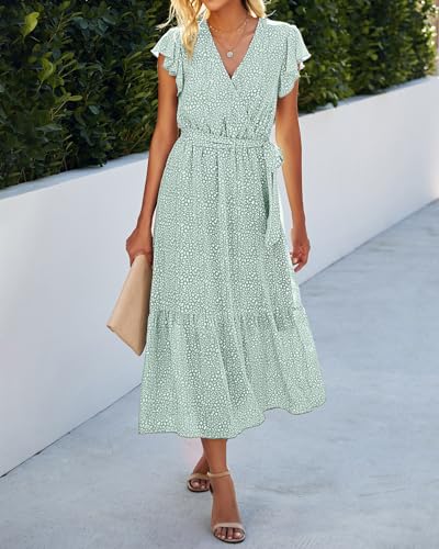BTFBM Women Summer Bohemian Floral Casual Wrap V Neck Ruffle Cap Sleeveless Belt A-Line Pleated Hem Swing Midi Sun Dress (Light Green, Medium) - Image 4