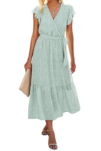 BTFBM Women Summer Bohemian Floral Casual Wrap V Neck Ruffle Cap Sleeveless Belt A-Line Pleated Hem Swing Midi Sun Dress (Light Green, Medium) - Image 1