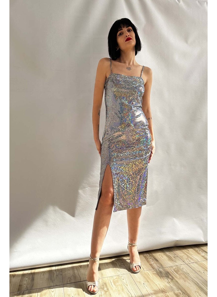 Due Stelle Hologram Lycra Front Slit Halter Evening Dress - Party Dance Dress  - Image 1