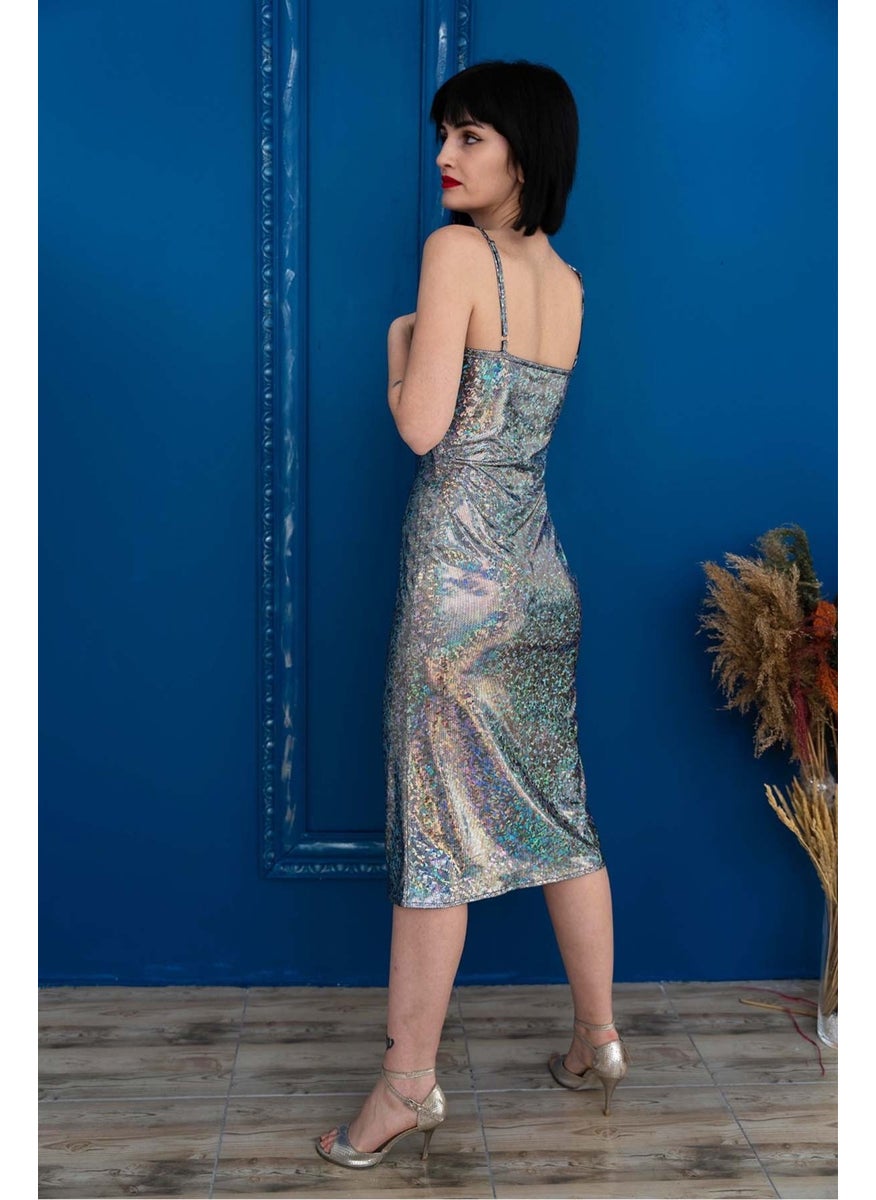 Due Stelle Hologram Lycra Front Slit Halter Evening Dress - Party Dance Dress  - Image 3