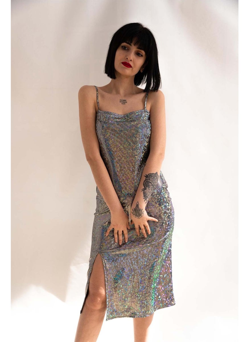 Due Stelle Hologram Lycra Front Slit Halter Evening Dress - Party Dance Dress  - Image 4