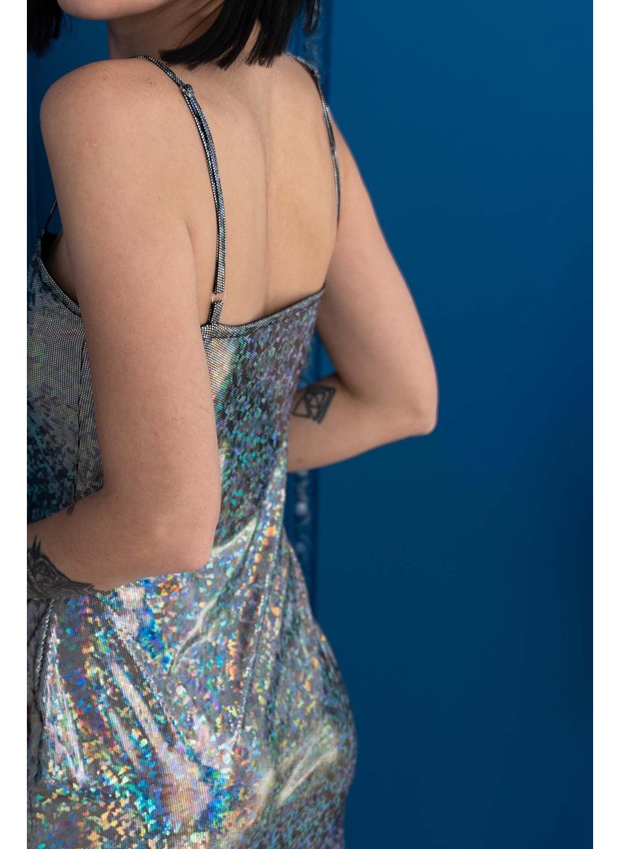 Due Stelle Hologram Lycra Front Slit Halter Evening Dress - Party Dance Dress  - Image 5