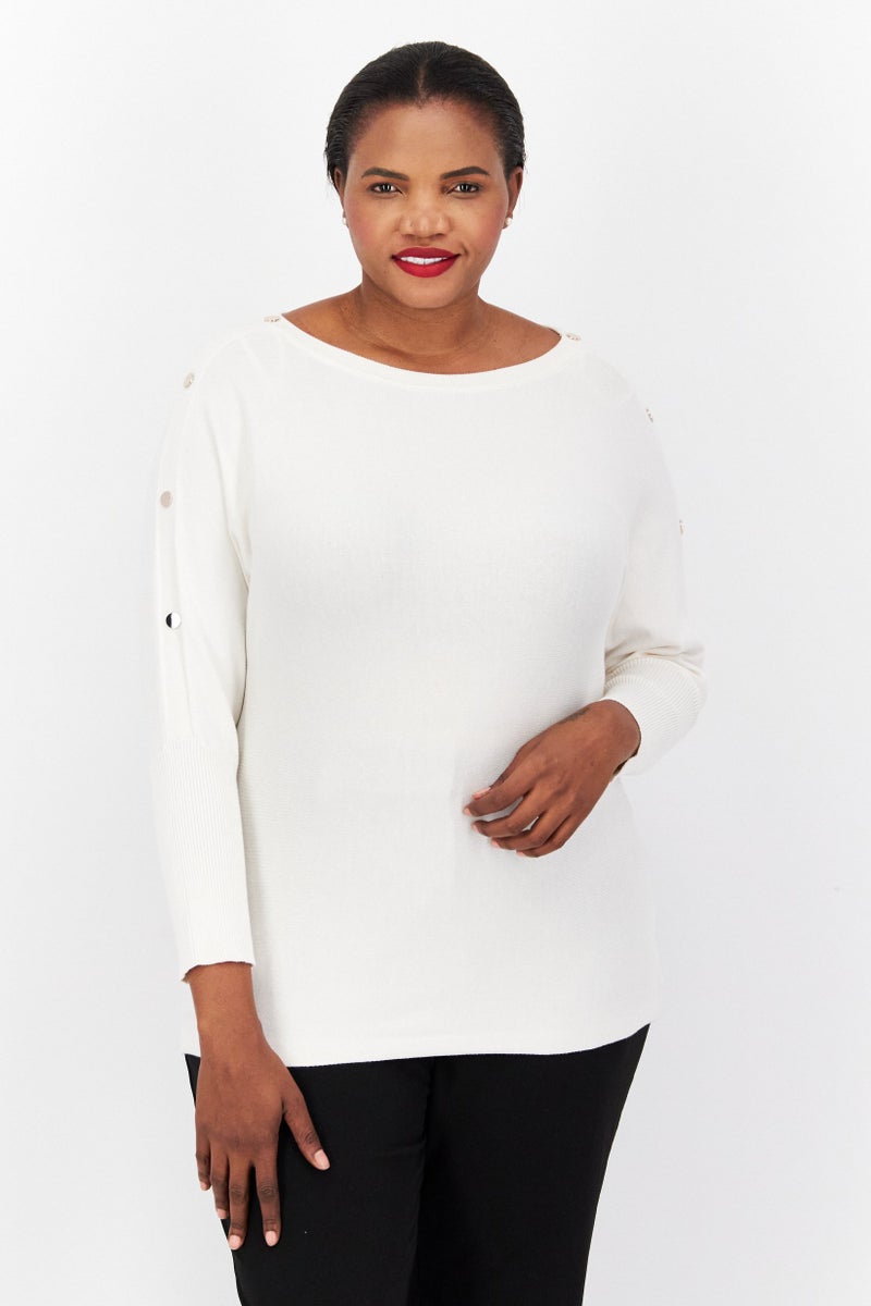 Jones New York Women Plus Size Boat Neck Long Sleeve Textured Top, Beige - Image 1