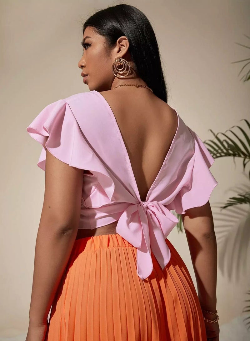 Plus Wrap Ruffle Cuff Top & Pleated Skirt - Image 4