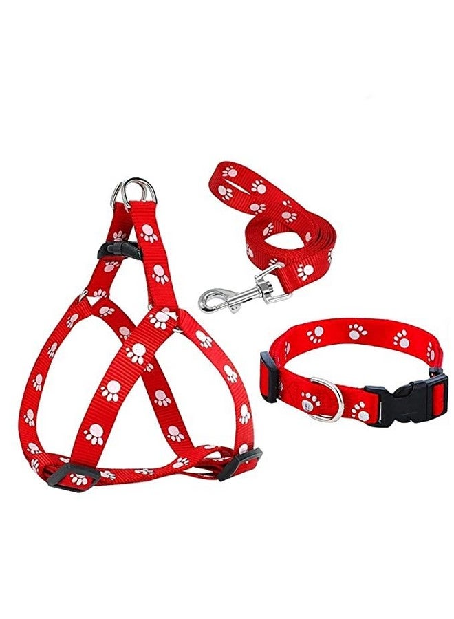 Combo Of 3 Dog Paw Print Adjustable Harness Leash And Collar Set For Small Dogs And Puppies Collar + Harness + Leash (Red) - Image 1