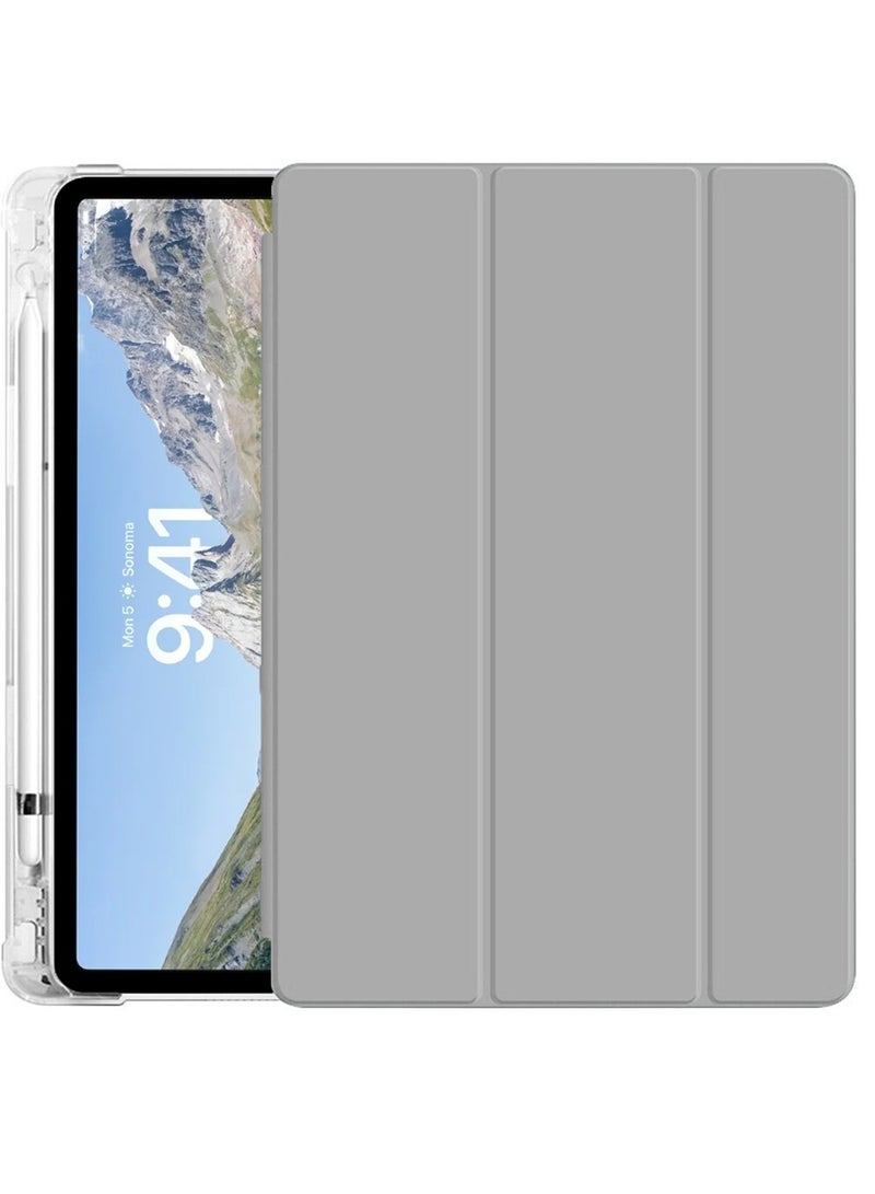 Wtech Apple iPad Air 11 5G 2024 (iPad Air 6th Generation M2) 11 inch / Apple iPad Air 11‑inch (M3) 2025 Premium Smart Flip Auto Awake/Auto Sleep Leather Texture and Transparent Back Silicone with Pen Holder and Lens Shield Protector Case Cover - Clear/Grey - Image 2