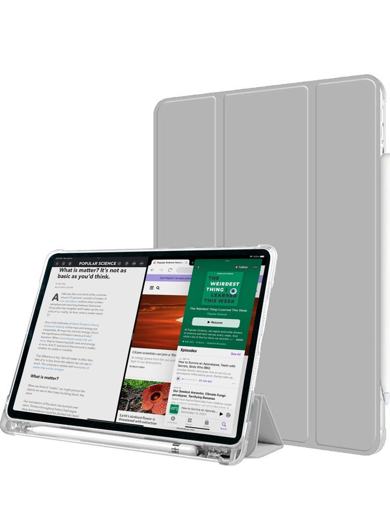 Wtech Apple iPad Air 11 5G 2024 (iPad Air 6th Generation M2) 11 inch / Apple iPad Air 11‑inch (M3) 2025 Premium Smart Flip Auto Awake/Auto Sleep Leather Texture and Transparent Back Silicone with Pen Holder and Lens Shield Protector Case Cover - Clear/Grey - Image 3