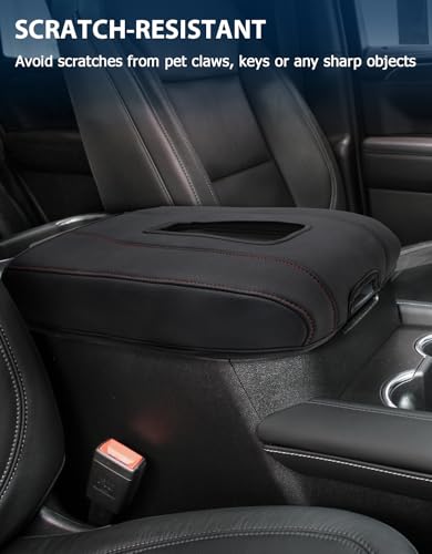 Eaglecover Center Console Cover for Chevy Silverado 1500 Accessories & GMC Sierra 2019-2026, Yukon & Tahoe & Suburban 2021-2026, Bucket Seat, PU Leather Armrest Middle Console Cover, Black-Red Stitch - Image 4
