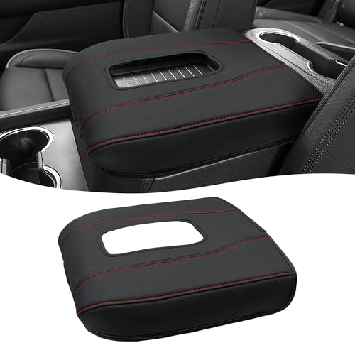 Eaglecover Center Console Cover for Chevy Silverado 1500 Accessories & GMC Sierra 2019-2026, Yukon & Tahoe & Suburban 2021-2026, Bucket Seat, PU Leather Armrest Middle Console Cover, Black-Red Stitch - Image 1