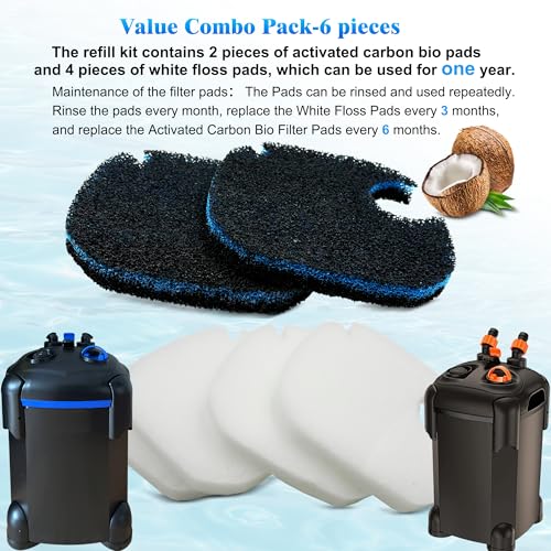 ShuRex 6 Pack Replacement Cotton White Floss and Activated Carbon Sponge Bio Filter Pads Refill for AMOSIJOY Aquarium Canister Filter, Compatible with PONDFORSE Canister Filter (Small for 172/225/265GPH) - Image 5