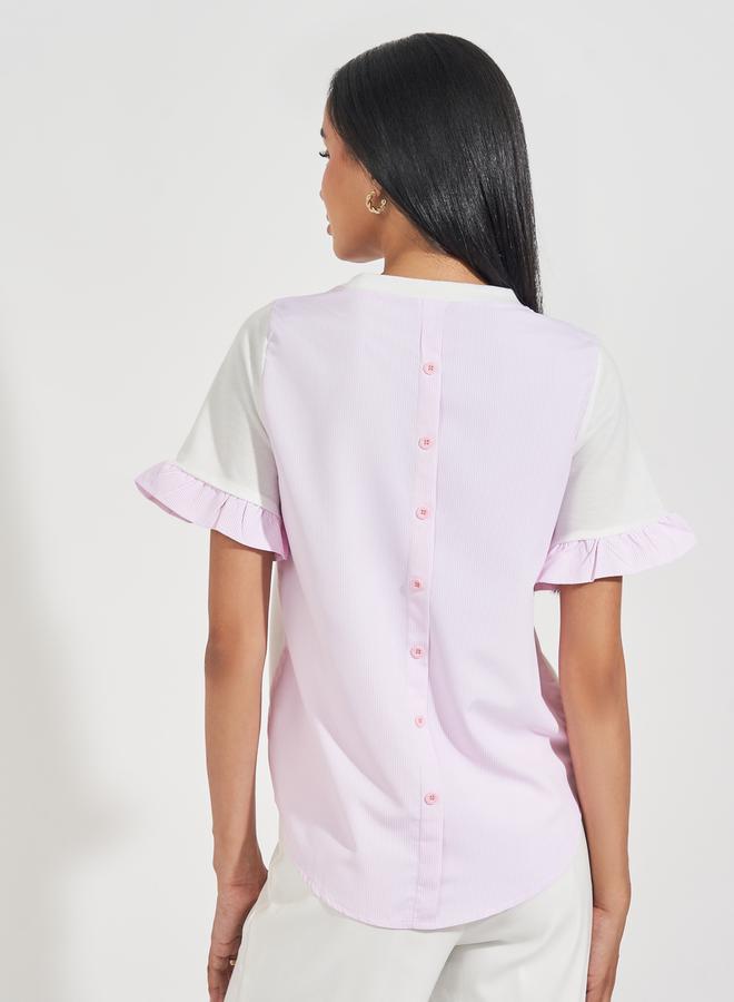 Styli Striped Panel Blouse with Back Button Detail - Image 4