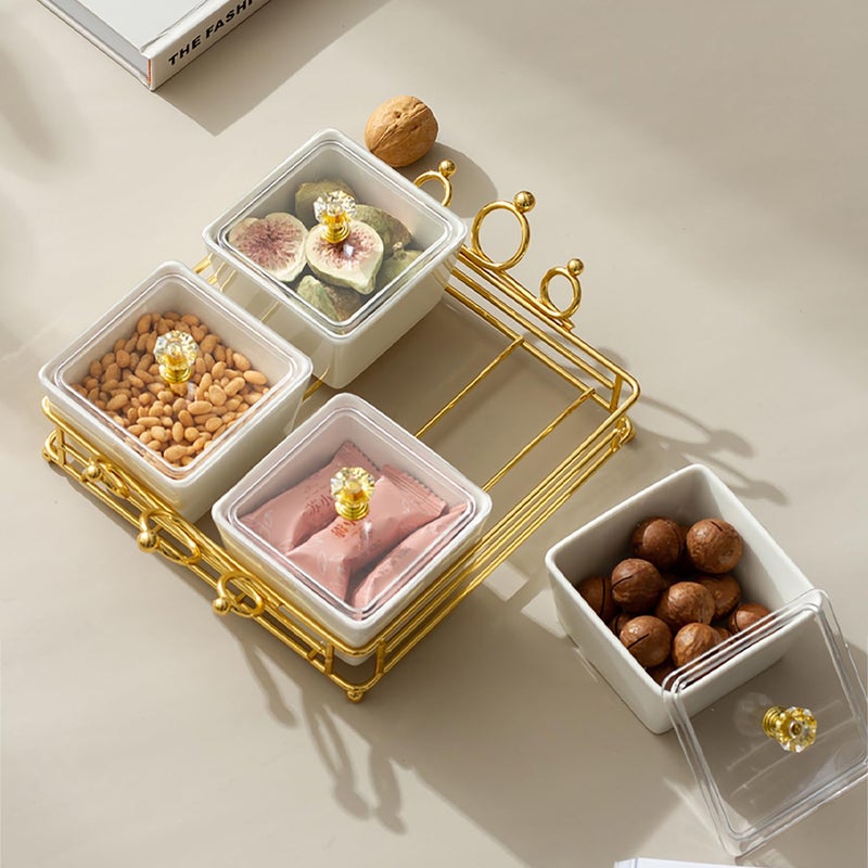 YA JU Ceramic Bowls and with Lid Gold Basket Trays, 4 Removable Small Bowls Condiment Trays Nut Serving Set for Snacks, Fruits, Candy and Condiments - Great for Parties, Holiday Gifts,White - Image 5