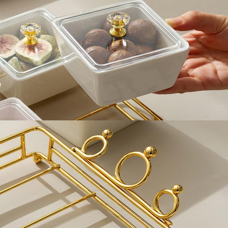 YA JU Ceramic Bowls and with Lid Gold Basket Trays, 4 Removable Small Bowls Condiment Trays Nut Serving Set for Snacks, Fruits, Candy and Condiments - Great for Parties, Holiday Gifts,White - Image 4