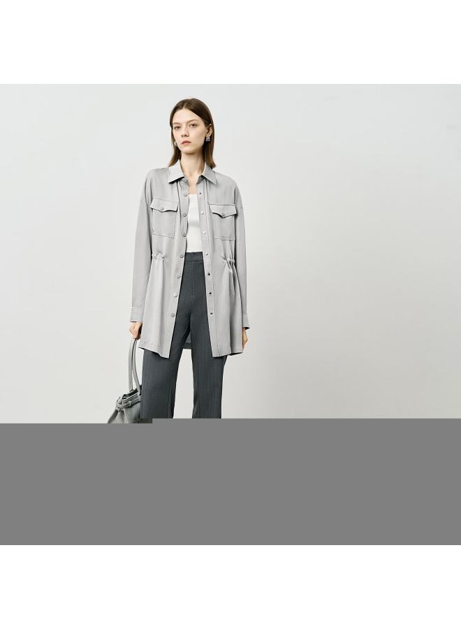 Yanyee Gray Tencel Shirt Women  Autumn High-end Waist-cinching Mid-length Cardigan Gray M - Image 2