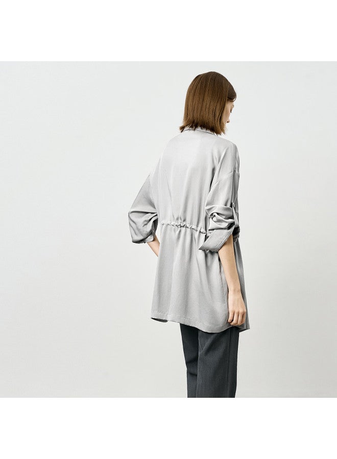 Yanyee Gray Tencel Shirt Women  Autumn High-end Waist-cinching Mid-length Cardigan Gray M - Image 3
