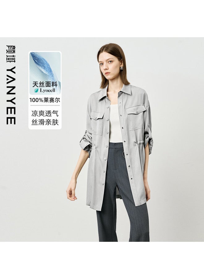 Yanyee Gray Tencel Shirt Women  Autumn High-end Waist-cinching Mid-length Cardigan Gray M - Image 1