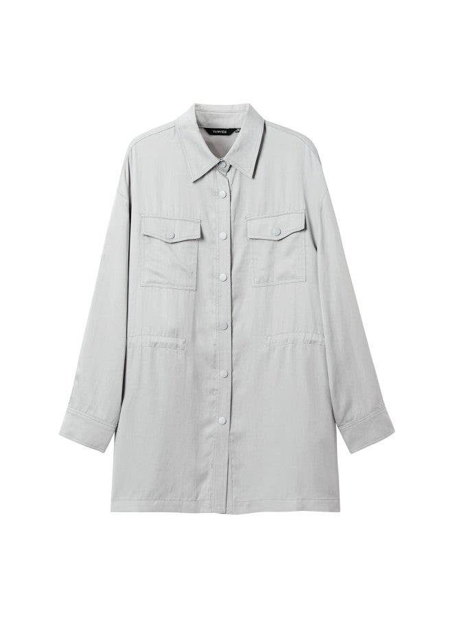 Yanyee Gray Tencel Shirt Women  Autumn High-end Waist-cinching Mid-length Cardigan Gray M - Image 4