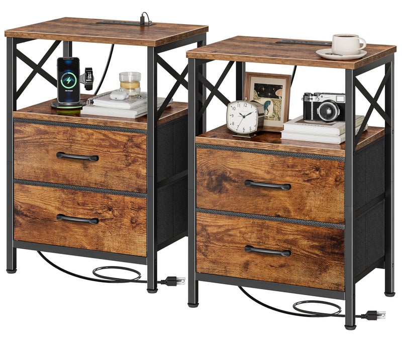 Huuger Nightstands Set of 2, Night Stand with Charger Station, 2 Drawer Side Table with Open Shelf, USB-C Port, End Table for Small Spaces, X Shaped Side Rail, Rustic Brown - Image 1
