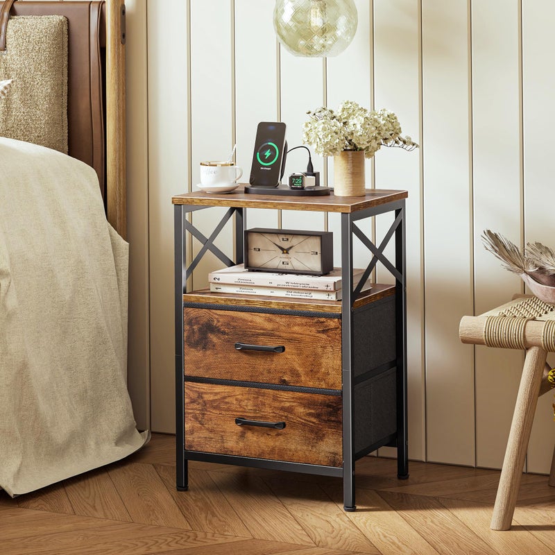 Huuger Nightstands Set of 2, Night Stand with Charger Station, 2 Drawer Side Table with Open Shelf, USB-C Port, End Table for Small Spaces, X Shaped Side Rail, Rustic Brown - Image 2