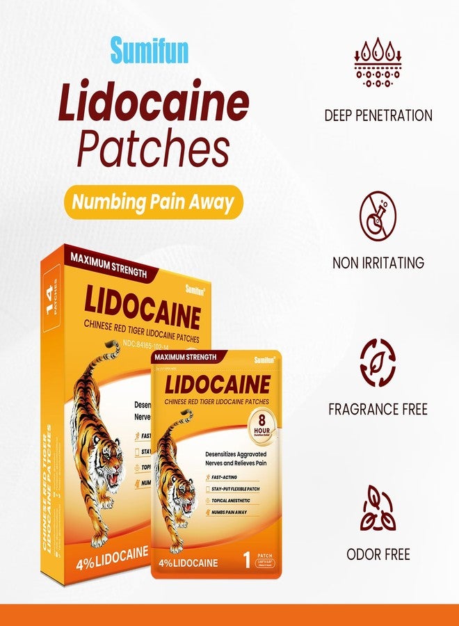 سوميفون لصقات سوميفون ليدوكايين لتسكين الألم - 14 لصقة، لصقات النمر الأحمر الصيني فائقة القوة لتسكين آلام العضلات، وآلام الظهر البسيطة، وآلام المفاصل، مسكن موضعي، بدون رائحة - Image 4