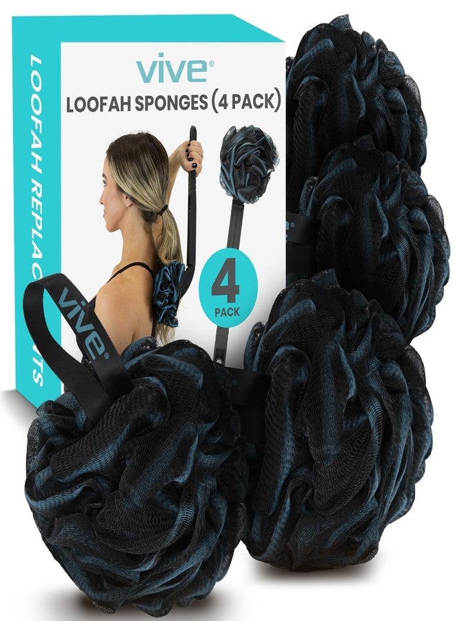 Vive Loofah Sponge Replacement (4 Pk) Shower & Bath Pouf Scrubber for Back & Body Exfoliation, Works with Vive Interchangeable Loofa Handle Long Brush (Replacement Sponge Black and Blue (4 Pack), 4) - Image 1
