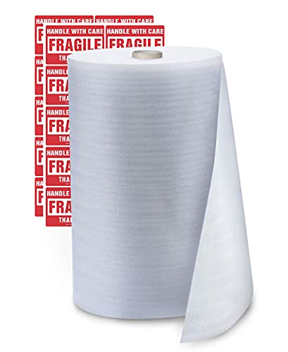 enKo Products enKo Foam Wrap Roll (1-Roll) 12" Wide x 600" Length (Inch) Foam Wrap Roll Cushioning Moving Supplies Protect Glasses, China, Dishes for Shipping Storing Packing with 20 Fragile Stickers Labels - Image 1