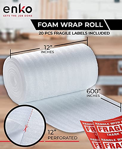 enKo Products enKo Foam Wrap Roll (1-Roll) 12" Wide x 600" Length (Inch) Foam Wrap Roll Cushioning Moving Supplies Protect Glasses, China, Dishes for Shipping Storing Packing with 20 Fragile Stickers Labels - Image 2