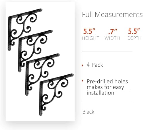 NACH Decorative Shelf Brackets, 2 Pack of 5.5 x 0.7 x 5.5 inch, Black Cast Iron Shelving Brackets - Metal Shelf Brackets for Wall - Victorian Scroll Shelf Bracket - Image 2