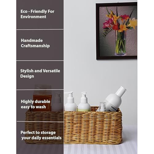 AKWAY Handmade Basket Bathroom Vanity Tray, Kitchen Counter top Storage Shelf Coffee Table Decorative Tray Cosmetic Organizer Display Holder (14 L x 4.5 W x 4.5 H), Rectangular, Rattan & Wicker - Image 4