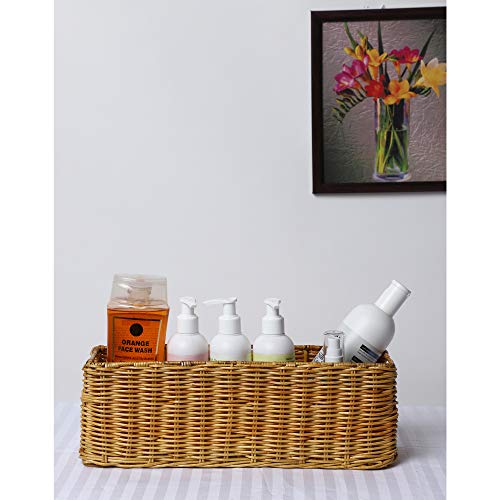 AKWAY Handmade Basket Bathroom Vanity Tray, Kitchen Counter top Storage Shelf Coffee Table Decorative Tray Cosmetic Organizer Display Holder (14 L x 4.5 W x 4.5 H), Rectangular, Rattan & Wicker - Image 1