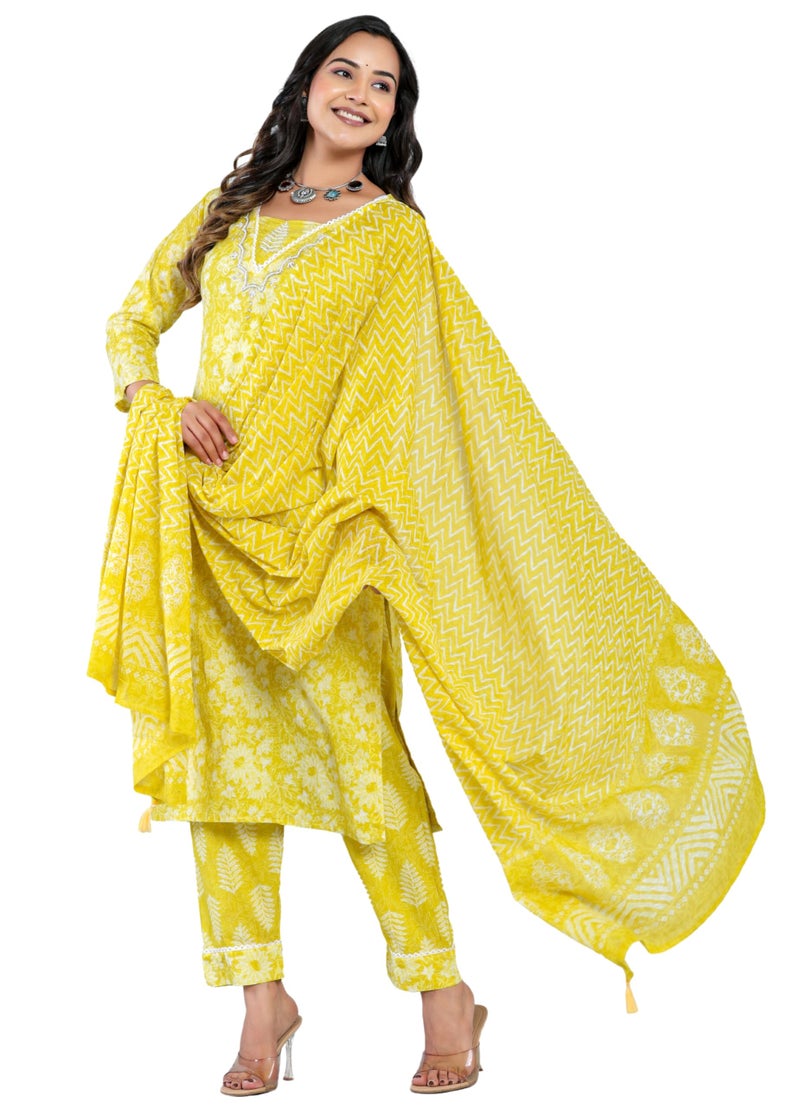 rytras Women's Cotton Printed Straight Kurta with Palazzo Pant and Dupatta Set(RYT569,New,Yellow,L) - Image 3