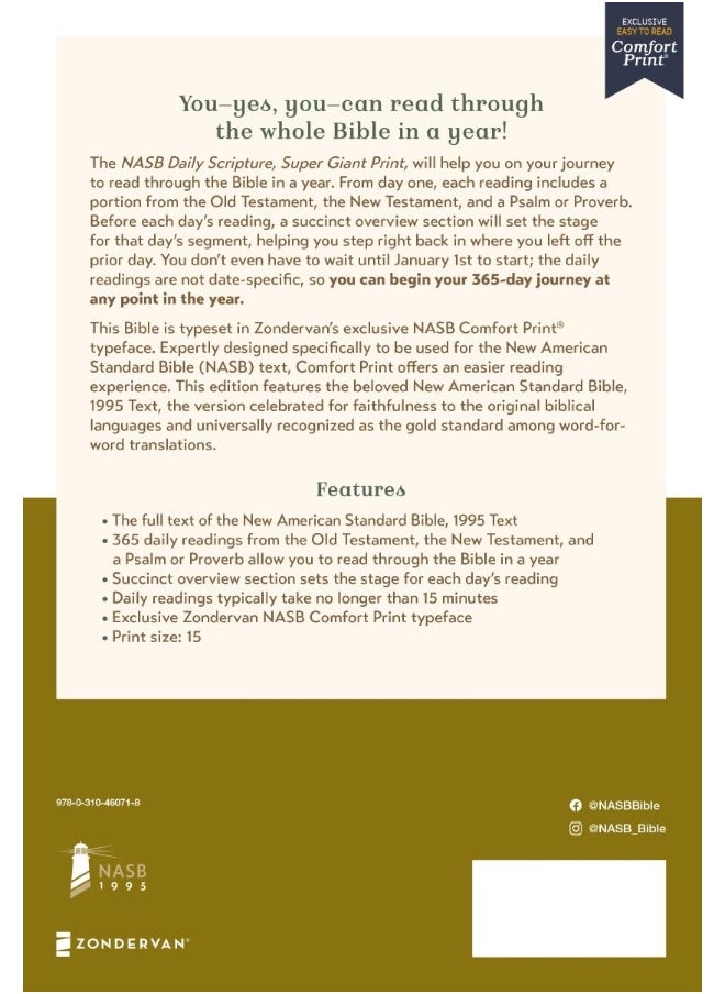 null - NASB, Daily Scripture, Super Giant Print, Paperback, White/Gold, 1995 Text, Comfort Print: 365 Days to Read Through the Whole Bible in a Year - Image 1