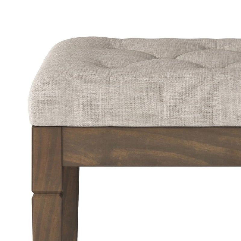 Simpli Home SIMPLIHOME Waverly Small Tufted Ottoman Bench - 28 inch Wide Upholstered Linen Look Fabric Rectangle Footstool Ottoman in Natural, Traditional Bench for Bedroom or Living Room with Carved Legs - Image 3