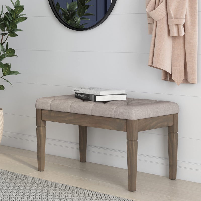Simpli Home SIMPLIHOME Waverly Small Tufted Ottoman Bench - 28 inch Wide Upholstered Linen Look Fabric Rectangle Footstool Ottoman in Natural, Traditional Bench for Bedroom or Living Room with Carved Legs - Image 2