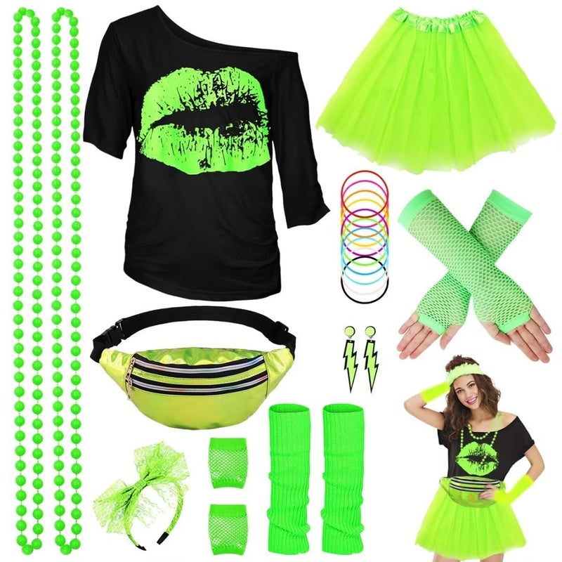 WILDPARTY 80s Costume Accessories for Women TShirt Tutu Fanny Pack Headband Earring Necklace Fishnet Gloves Legwarmers 80s Party Halloween Outfit for Women 24PCS Green M - Image 2