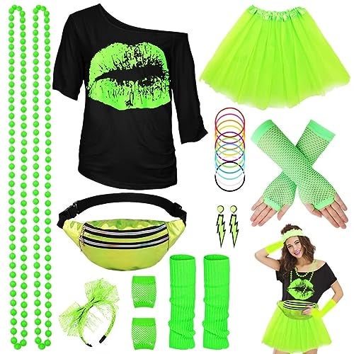 WILDPARTY 80s Costume Accessories for Women TShirt Tutu Fanny Pack Headband Earring Necklace Fishnet Gloves Legwarmers 80s Party Halloween Outfit for Women 24PCS Green M - Image 1
