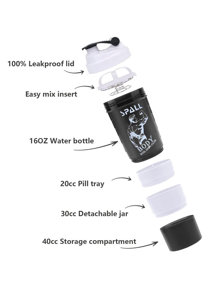 Spall Protein Shaker Bottle Gym Shaker Cup For Protein Shakes 16oz Bottle With Shaker Ball And Storage Compartment Leak Proof BPA Free  - Image 2